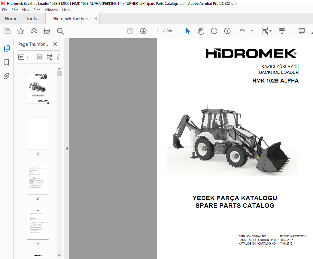 Hidromek Backhoe Loader HMK 102B ALPHA Spare Parts Catalog Manual SN ...