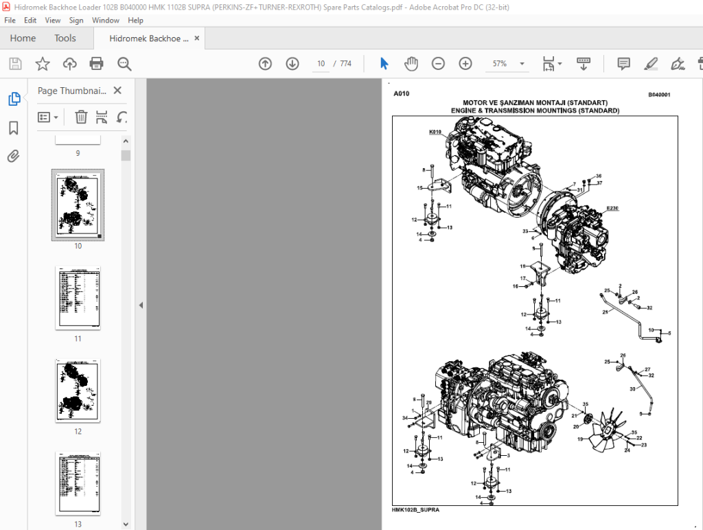 Hidromek Backhoe Loader HMK 102B SUPRA Spare Parts Catalog Manual SN ...