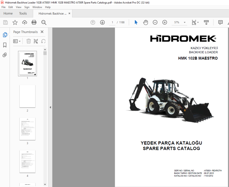 Hidromek Backhoe Loader HMK 102B Spare Parts Catalog Manual SN 110000 ...