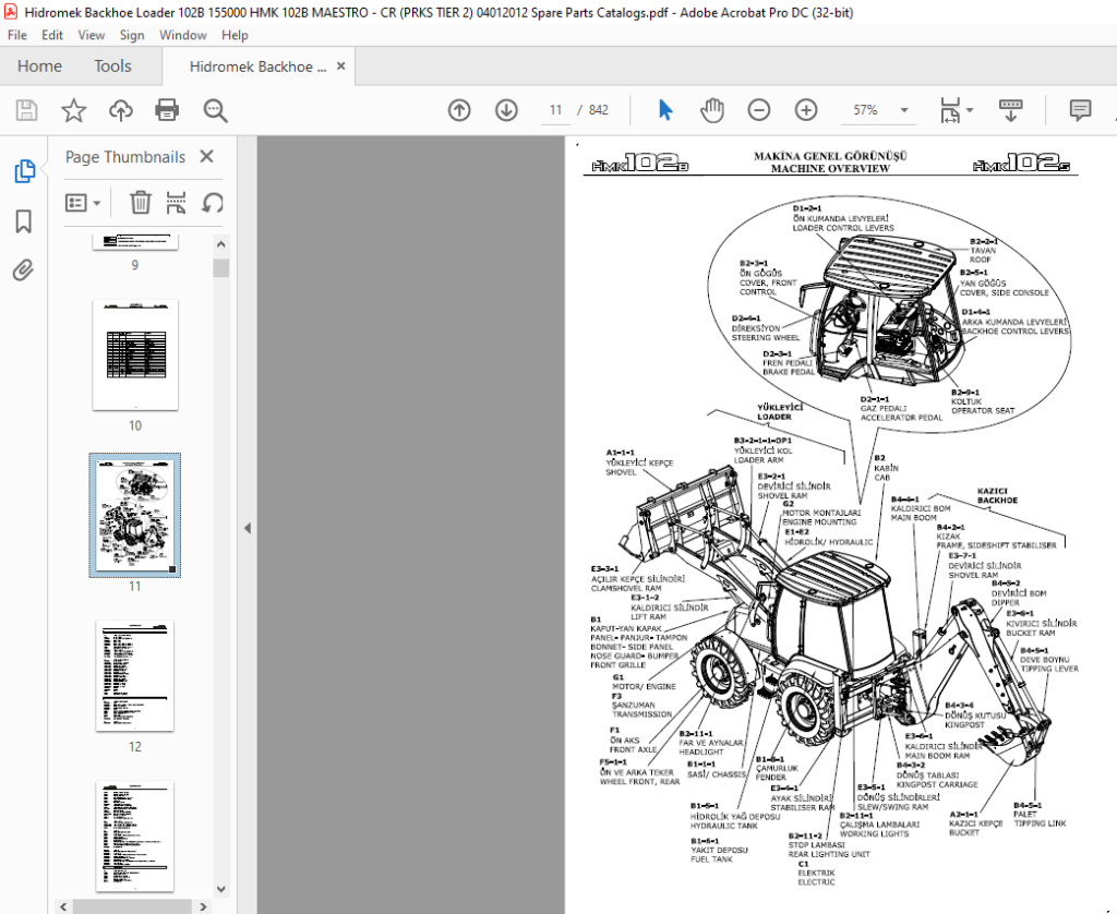 Hidromek Backhoe Loader HMK 102B Spare Parts Catalog Manual SN 155000 ...