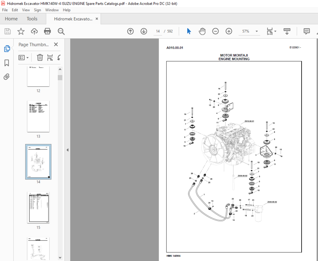 Hidromek Excavator HMK 140W4 Isuzu Engine Spare Parts Catalog Manual SN ...