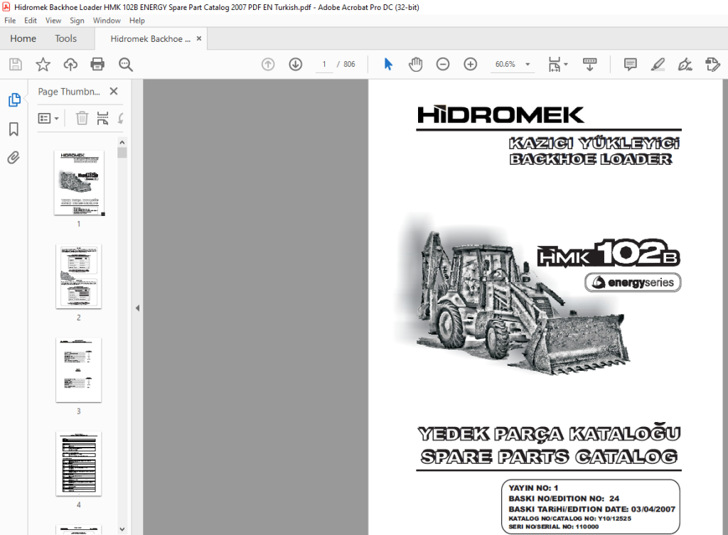 Hidromek HMK 102B Energy Backhoe Loader Parts Catalog Manual SN 110000 ...