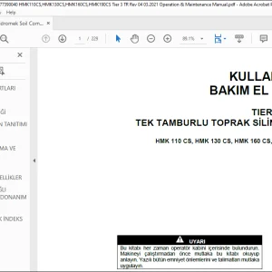 Hidromek HMK 110 CS, HMK 130 CS, HMK 160 CS, HMK 190 CS TIER 3 SERİSİ TEK TAMBURLU TOPRAK SİLİNDİRLERİ KULLANIM VE BAKIM EL KİTABI - PDF DOWNLOAD (Turkish)
