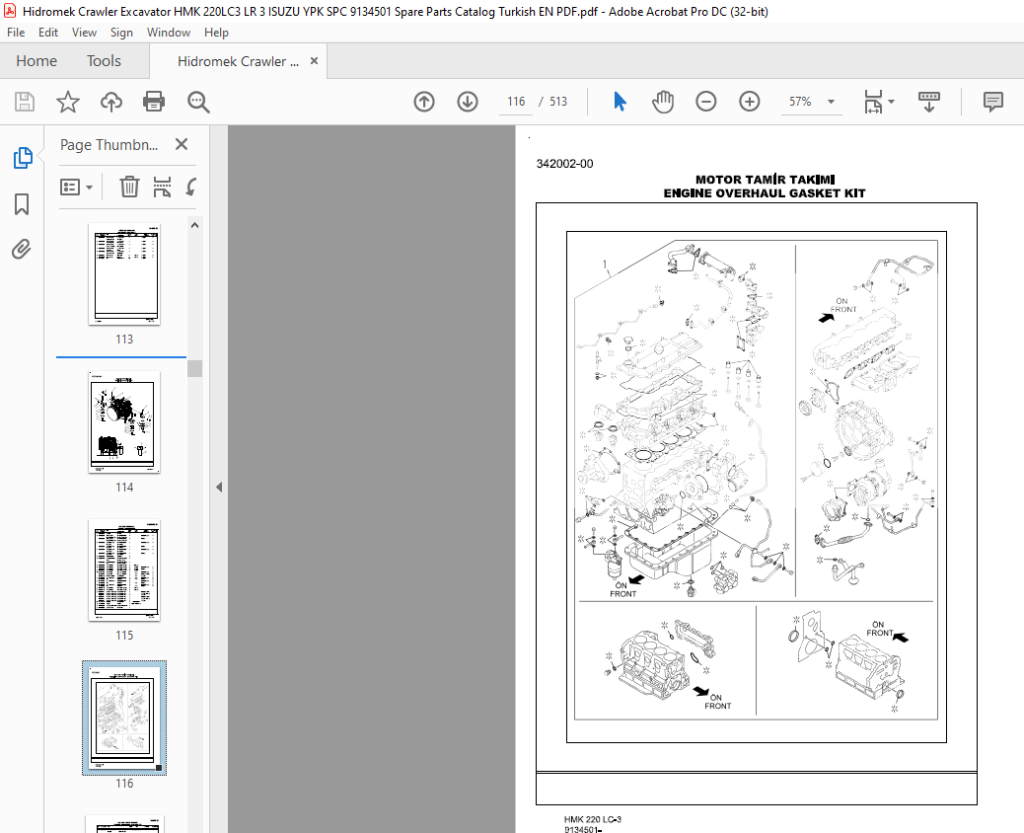 Hidromek HMK 220 LC-3-LR Crawler Excavator ISUZU 9134501 Parts Catalog ...