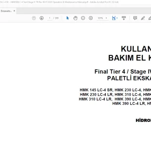 Hidromek ekskavatör HMK145LC-4 SR - HMK500LC-4 Final Tier 4 / Stage IV SERİSİ PALETLİ EKSKAVATÖR KULLANIM VE BAKIM EL KİTABI(H347324400) - PDF DOWNLOAD (Turkish)