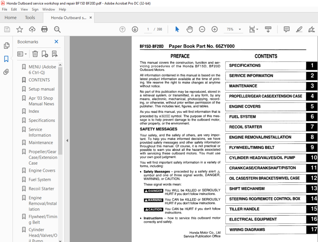 Honda Outboard Engine BF15D.BF20D Shop Manual 66ZY000 - PDF DOWNLOAD ...
