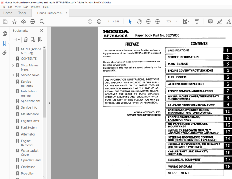 Honda Outboard Motor BF75A BF90A Service Repair Manual 66ZW000 - PDF ...