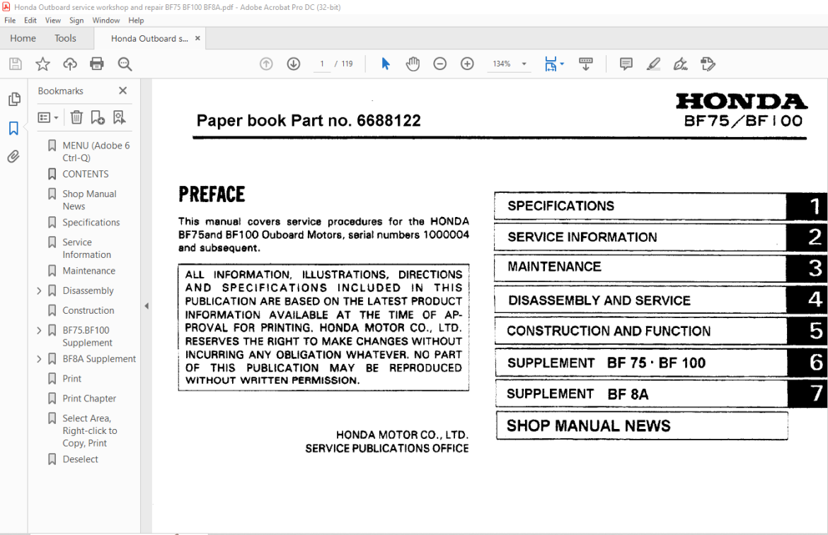 Honda Outboard Motors BF75 & BF100 Service Repair Manual 6688122 - PDF ...