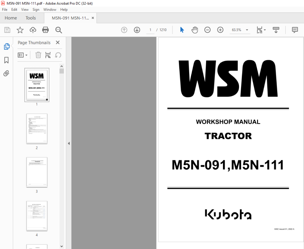 Kubota M5N-091 M5N-111 Tractor Workshop Manual - PDF DOWNLOAD ...