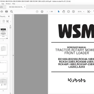 Kubota Tractor BX1850 BX2350 RCK48-18BX RCK54-23BX RCK60B-23BX RCK48P-18BX RCK54P-23BX LA203 LA243 Workshop Manual