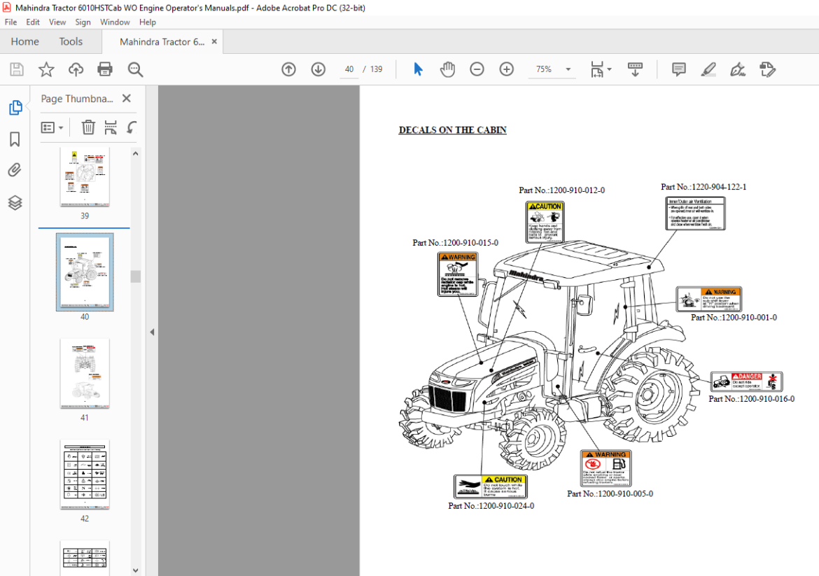 Mahindra Tractor '10' Series 6010 HST Cab Operator's Manual PDF