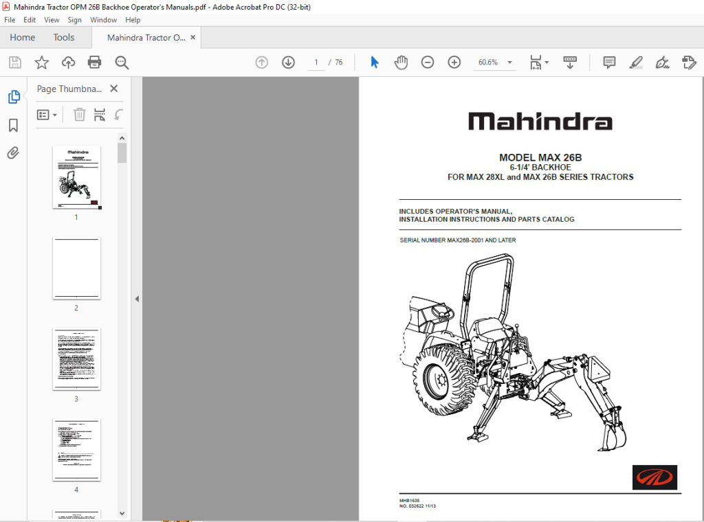 Mahindra Tractor Max 26b Backhoe Max 28xl And Max 26b Series Operators Manual Pdf Download 9359