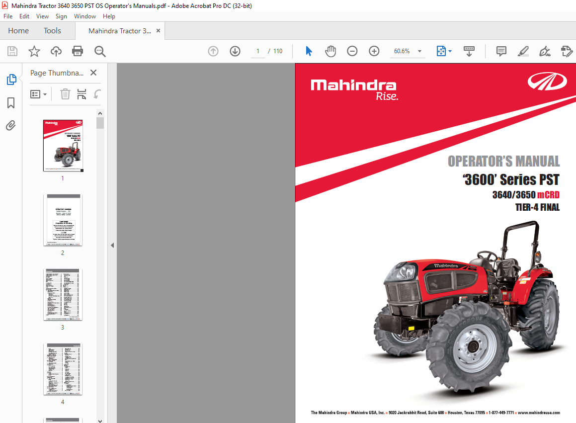 Mahindra Tractor ‘3600 Series Pst 3640 3650 Tier 4 Final Operators