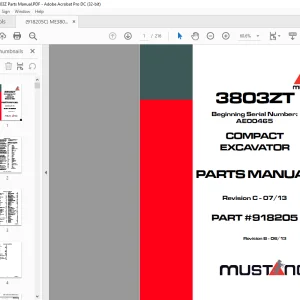 Mustang 3803ZT Compact Excavator Parts Manual 918205 - PDF DOWNLOAD