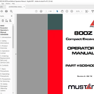 Mustang 800Z Compact Excavator Operator’s Manual 50940098 - PDF DOWNLOAD
