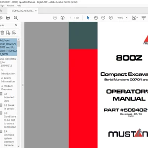 Mustang 800Z Compact Excavator Operator’s Manual 50940212 - PDF DOWNLOAD