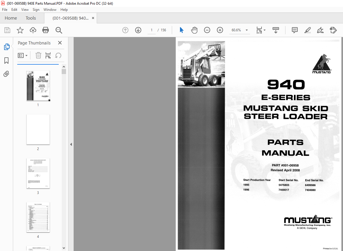 Mustang 940 E-Series Skid-Steer Loader Parts Manual 001-06958 - PDF