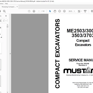 Mustang Compact Excavators ME2503 3003 3503 3703 Service Manual(918149) -  PDF DOWNLOAD