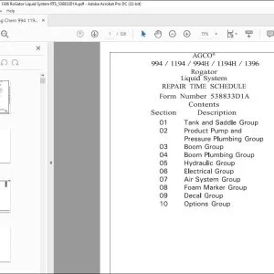 Ag Chem 994 1194 994H 1194H 1396 RoGator Liquid System Repair Time Schedule Manual 538833D1A - PDF DOWNLOAD
