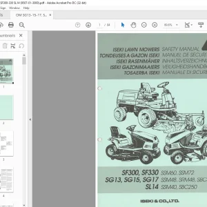 Iseki Lawn Mowers SF300 SF330 SG13 SG15 SG17 SL14 SSM60 SSM72 SSM48 SRM48 SBC350 SSM40 SBC250 Operator's Manual