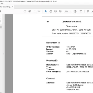 Liebherr D934 A7 SCR D936 A7 SCR D946 A7 SCR Diesel Engine Operator's Manual 2011030001 - 2011040001 - PDF DOWNLOAD