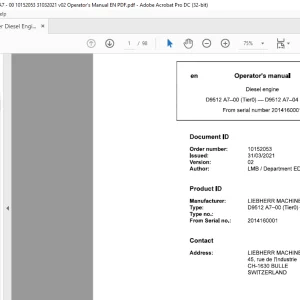 Liebherr D9512 A7-00(Tier0) D9512 A7-04(Tier4) Diesel Engine Operator's Manual 2014160001 - PDF DOWNLOAD