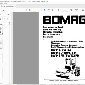 Bomag BW142 BW172 BW142 D BW172 D BW142 PD BW 172 PD Single-Drum Wheel Drive Vibratory Roller Instructions for Repair Manual - PDF DOWNLOAD