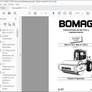 Bomag Rodillo Propulsado BW 211 D-3 BW 211 PD-3 Instrucciones de servicio Manual 10158037  - PDF DOWNLOAD (Spanish)