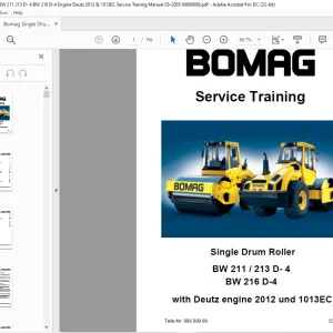 Bomag Single Drum Roller BW 211 213 D-4 BW 216 D-4 Engine Deutz 2012 & 1013EC Service Traning Manual 00809999 - PDF