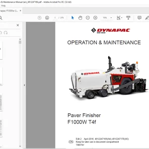 Dynapac F1000W T4f Paver Finisher Operation & Maintenance Manual - PDF DOWNLOAD