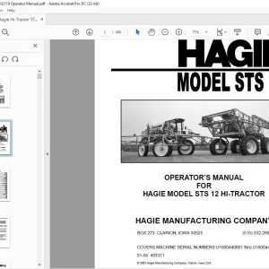 Hagie Hi-Tractor STS 12 Sprayer Operator's Manual 493311 - PDF DOWNLOAD