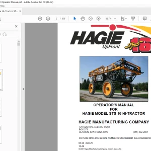 Hagie Hi-Tractor STS 16 Sprayer Operator's Manual 493425 - PDF DOWNLOAD