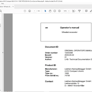 Liebherr A 910 Compact Litronic 1505 Wheeled Excavator Operator's Manual 87687 - PDF DOWNLOAD