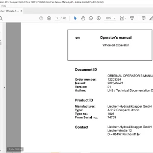 Liebherr A 912 Compact Litronic 1506 Wheeled Excavator Operator's Manual 74759 - PDF DOWNLOAD