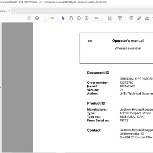 Liebherr A 918 Compact Litronic 1508 Wheeled Excavator Operator's Manual 79713 - PDF DOWNLOAD