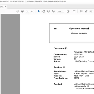 Liebherr A 918 Compact Litronic 1508 Wheeled Excavator Operator's Manual 79713 - PDF DOWNLOAD