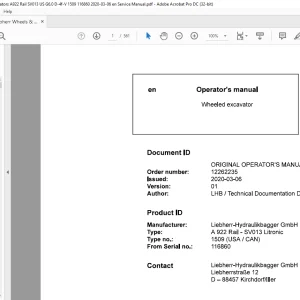 Liebherr A 922 Rail - SV013 Litronic 1509 (USA / CAN) Wheeled Excavator Operator's Manual 116860 - PDF DOWNLOAD