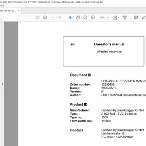 Liebherr A 922 Rail - SV013 Litronic 1509 Wheeled Excavator Operator's Manual 116860 - PDF DOWNLOAD