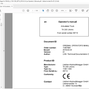 Liebherr Articulated TA 230 Litronic Operator's Manual - PDF DOWNLOAD