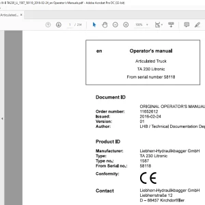Liebherr Articulated TA 230 Litronic Operator's Manual 58118 - PDF DOWNLOAD