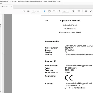 Liebherr Articulated TA 230 Litronic Operator's Manual 65968 - PDF DOWNLOAD
