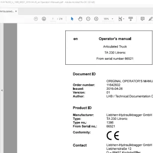 Liebherr Articulated TA 230 Litronic Operator's manual - PDF DOWNLOAD