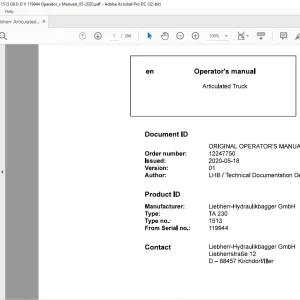 Liebherr Articulated Truck TA230 Operator's Manual - PDF DOWNLOAD