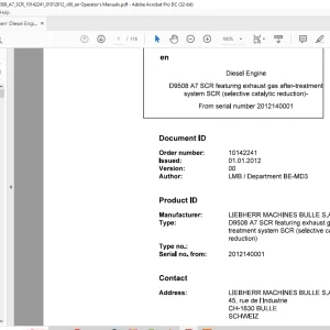 Liebherr Diesel engine D9508 A7 SCR featuring exhaust gas after-treatment system SCR Operator's Manual 2012140001 - PDF DOWNLOAD