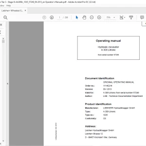 Liebherr Hydraulic excavator A 309 Litronic Operating manual 57249 -  PDF DOWNLOAD