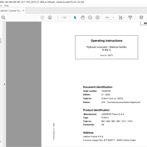 Liebherr Hydraulic excavator/ Material handler R 904 C Operating Instructions Manual SN23073 - PDF DOWNLOAD