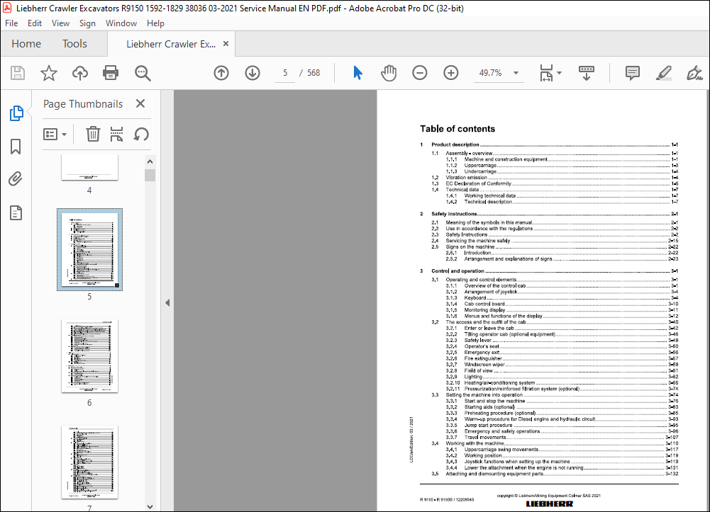 Liebherr Hydraulic excavator R 9150 R9150B Operating manual 38036 - PDF ...