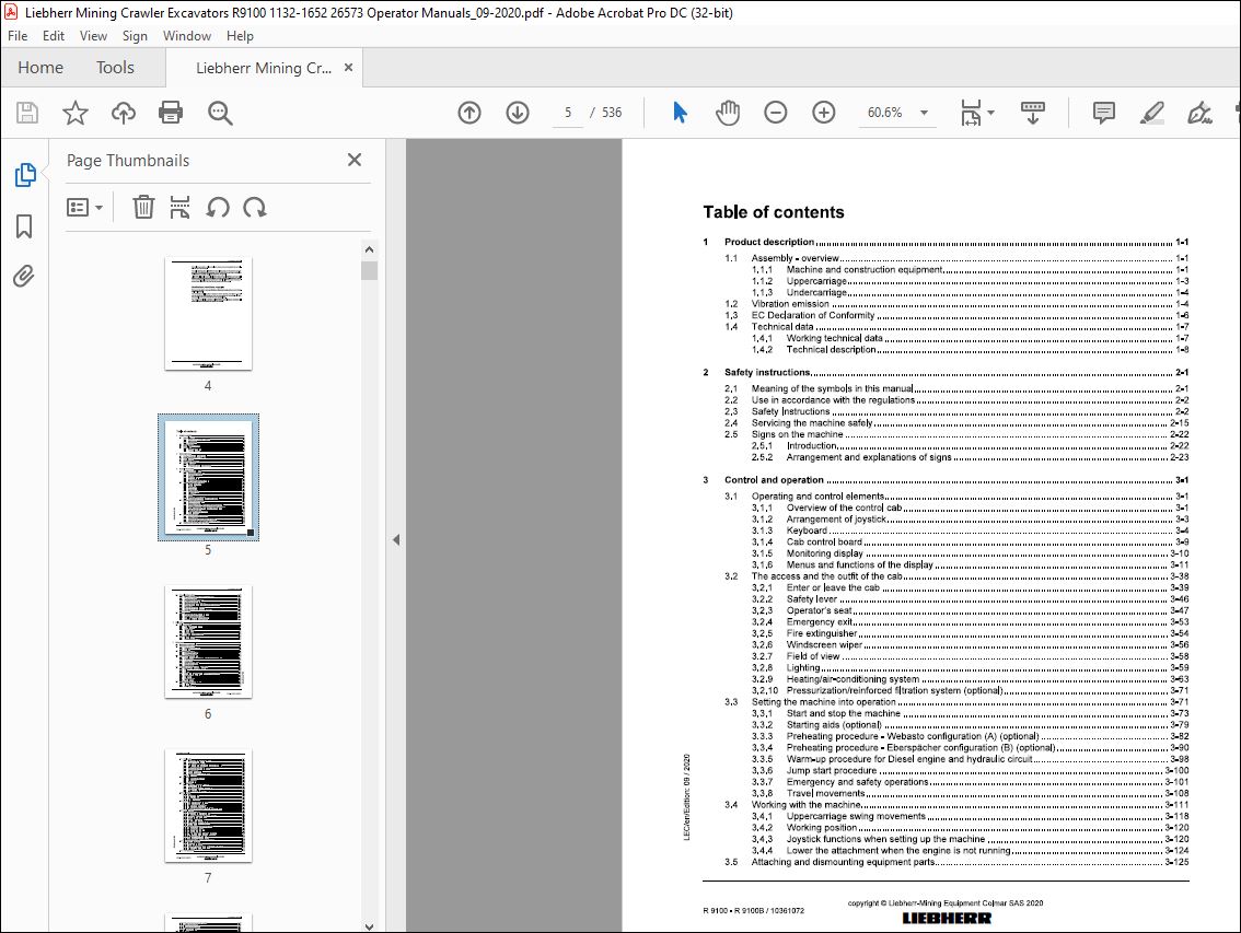 Liebherr Hydraulic Excavator R9100-R9100B Operating Manual - PDF ...