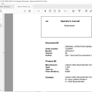 Liebherr L 509 1581 Wheel Loader Operator's Manual SN 53995 - PDF DOWNLOAD
