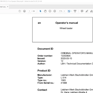 Liebherr L 514 1583 Wheel Loader Operator's Manual SN 41988 - PDF DOWNLOAD